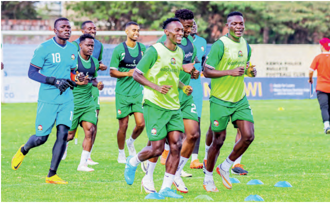 Harambee Stars’ goalkeeper Patrick Matasi (L) and defender Erick ‘Marcelo’ Ouma (2nd) during a training session